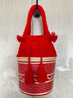 NEW Authentic Wayuu Bag Bucket Mochila Red Straw Mix Summer Boho Indie